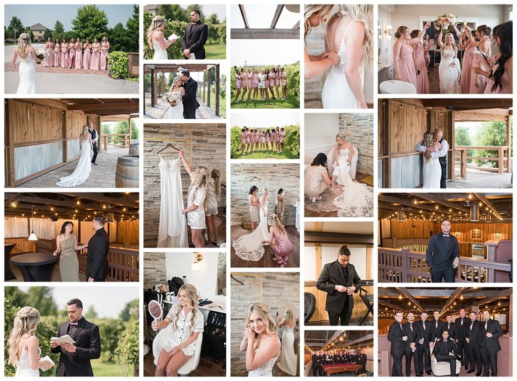 A collection of images of a bride and groom getting ready at their Illinois barn wedding venue
