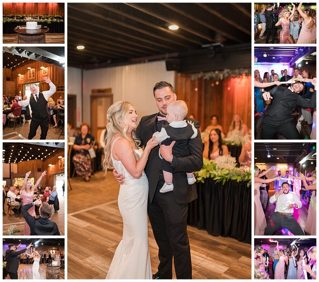 a collection of images showcasing a reception at an Illinois barn wedding venue
