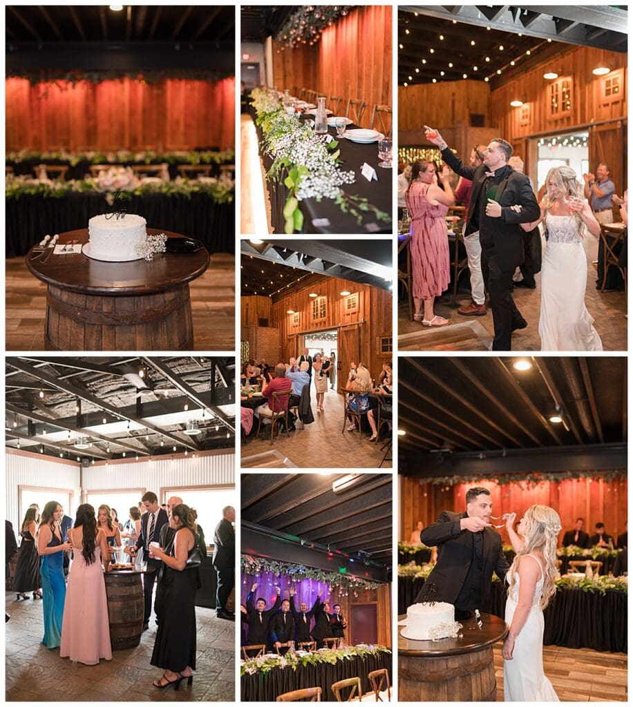 a collection of images showcasing the reception space of an Illinois barn wedding venue