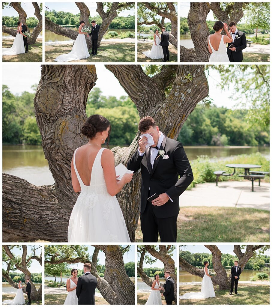 A bride and groom sharing a first look at The BRIX