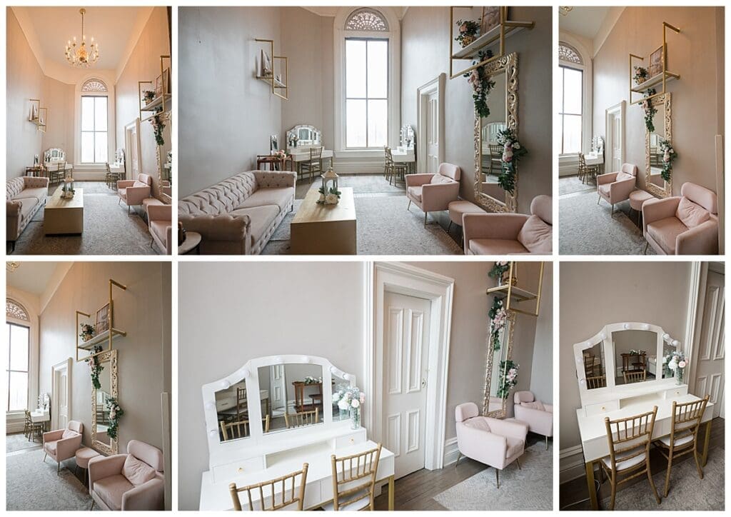 Getting ready space inside The Grand Crown Point Indiana wedding venue
