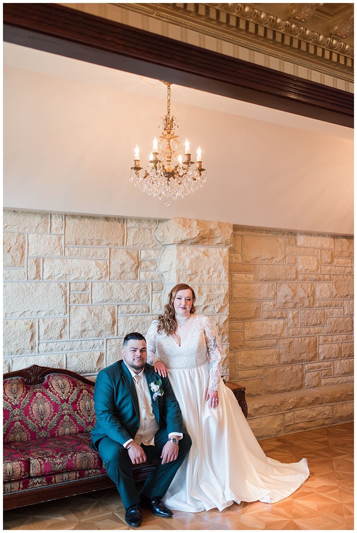 Bride and groom posing for portraits at Patrick Haley Mansion