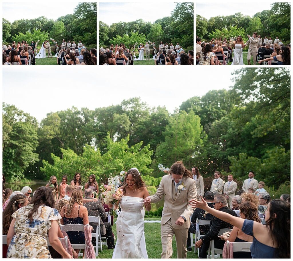Bride and groom walking down the aisle at Gabis Arboretum.
