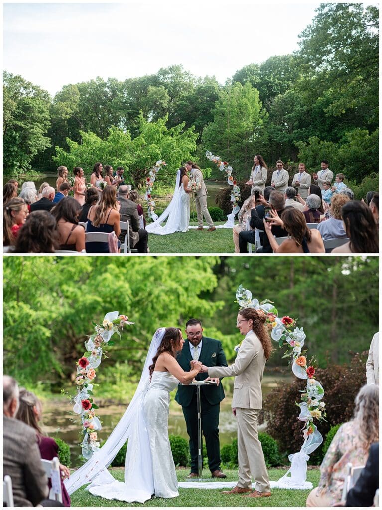 Bride and groom exchanging rings at Gabis Arboretum.