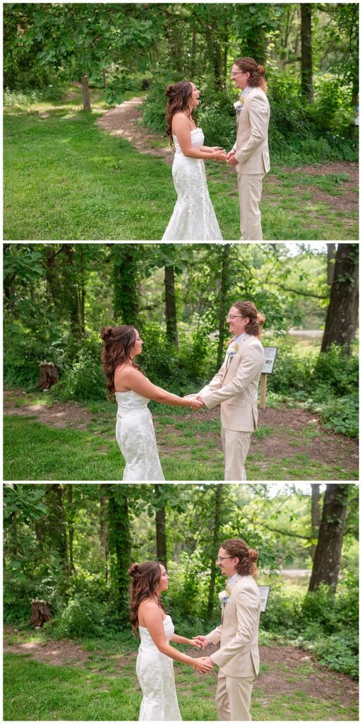 Bride and groom first look at Gabis Arboretum
