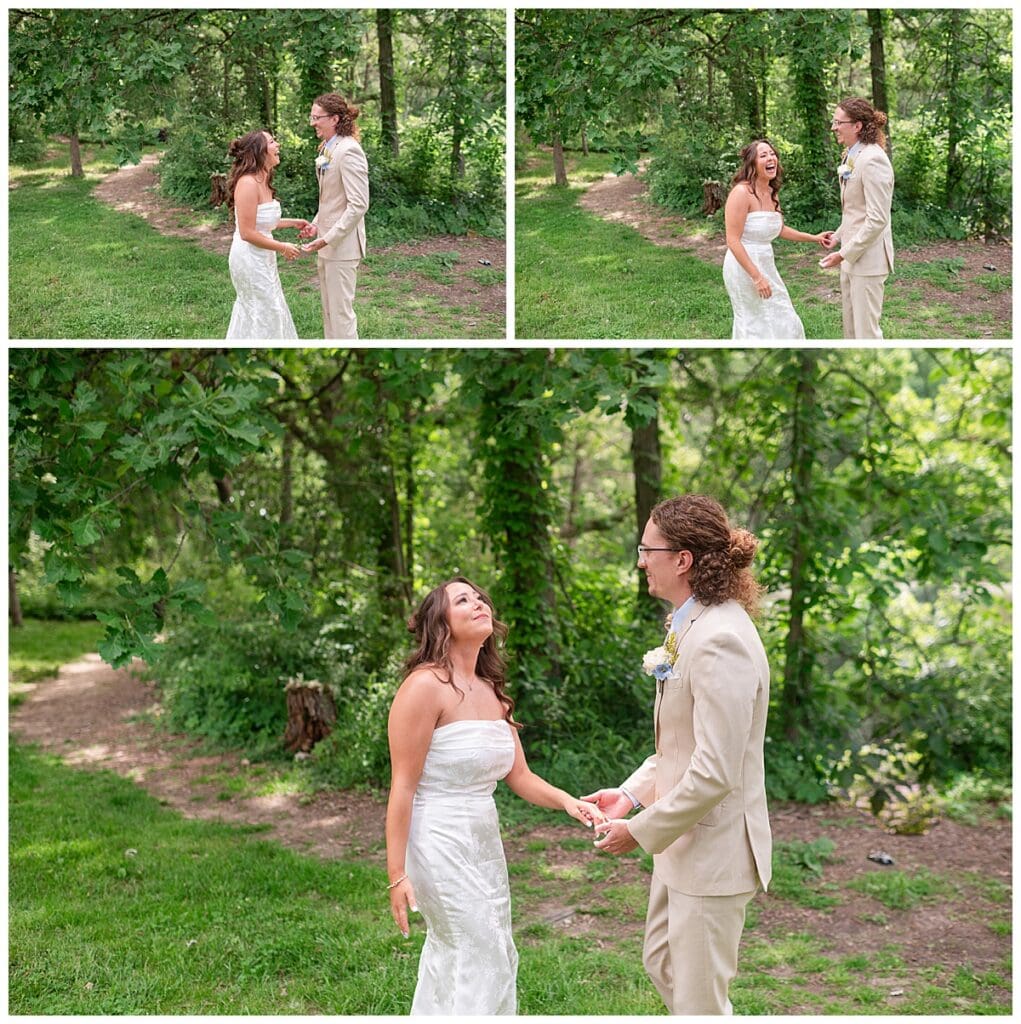 Bride and groom first look at Gabis Arboretum