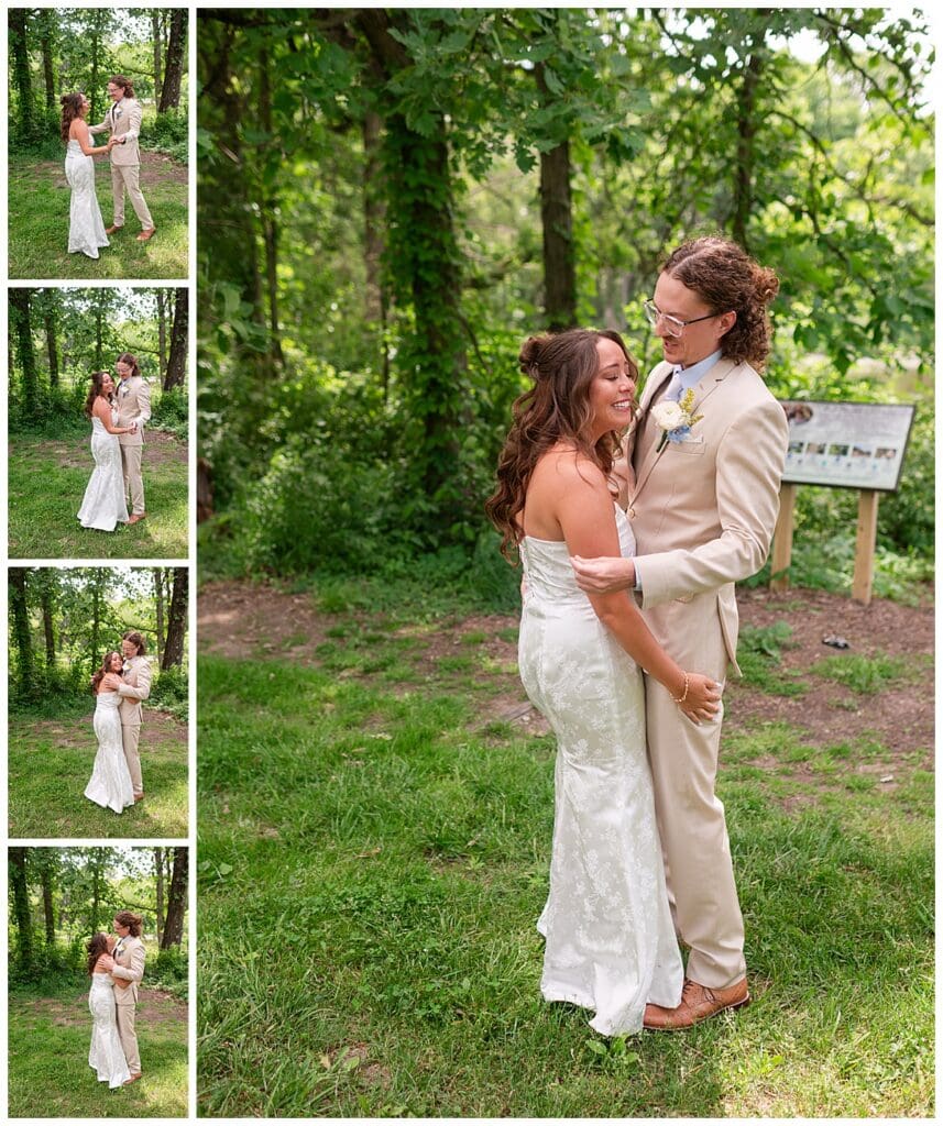 Bride and groom first look at Gabis Arboretum