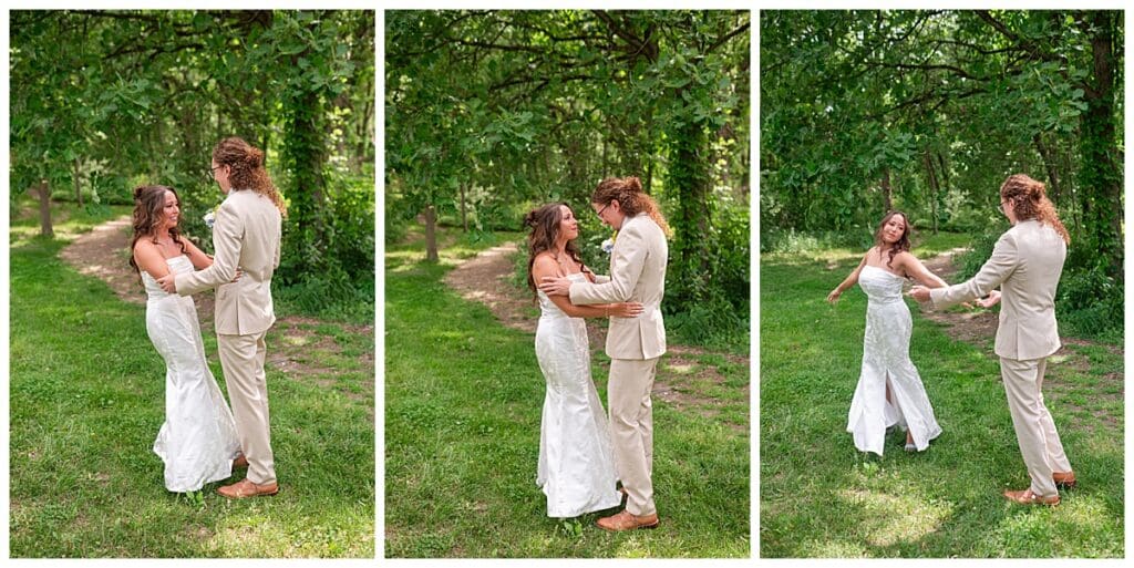 Bride and groom first look at Gabis Arboretum