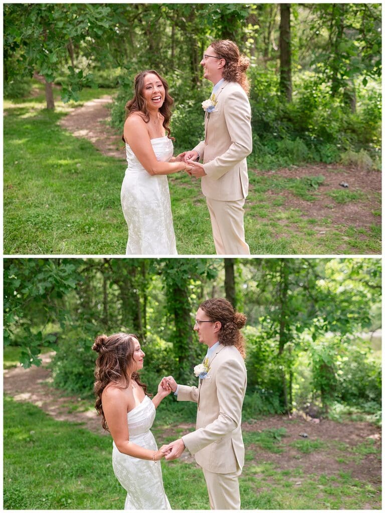 Bride and groom first look at Gabis Arboretum