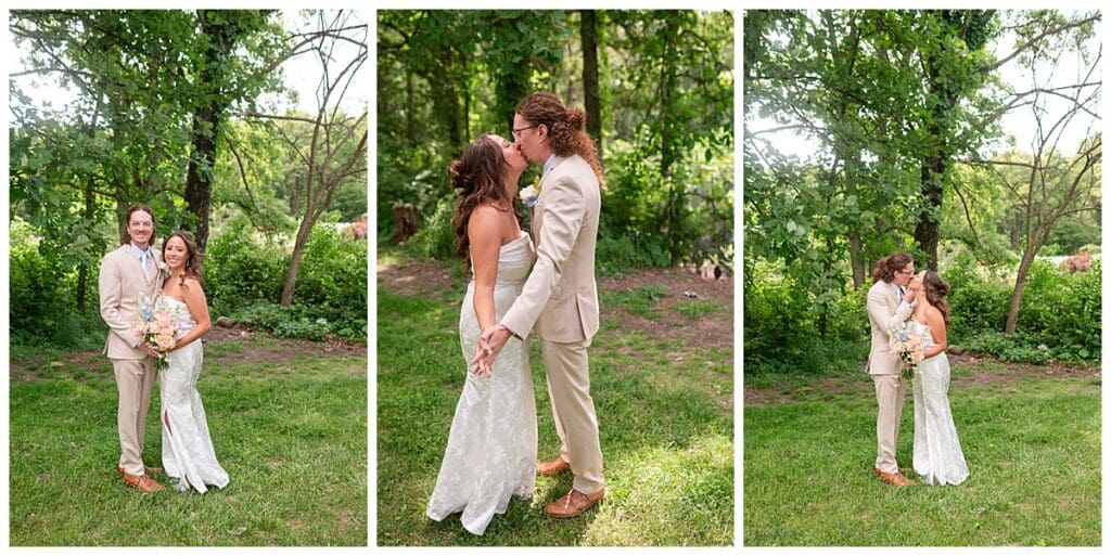 Bride and groom first look at Gabis Arboretum