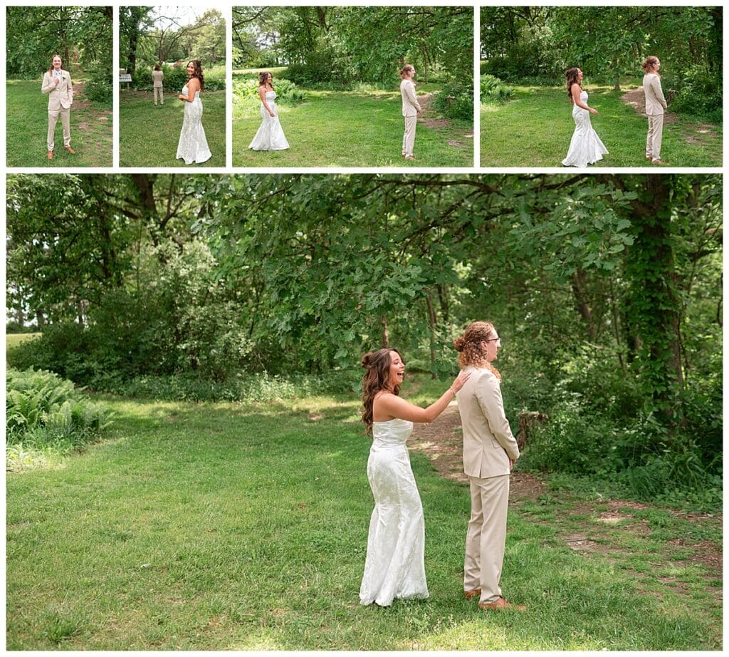 Bride and groom first look at Gabis Arboretum