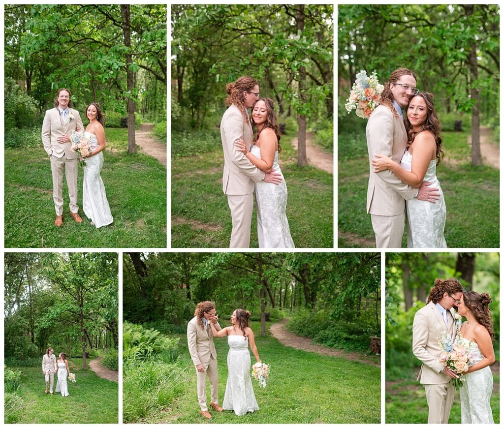 Bride and groom first look at Gabis Arboretum