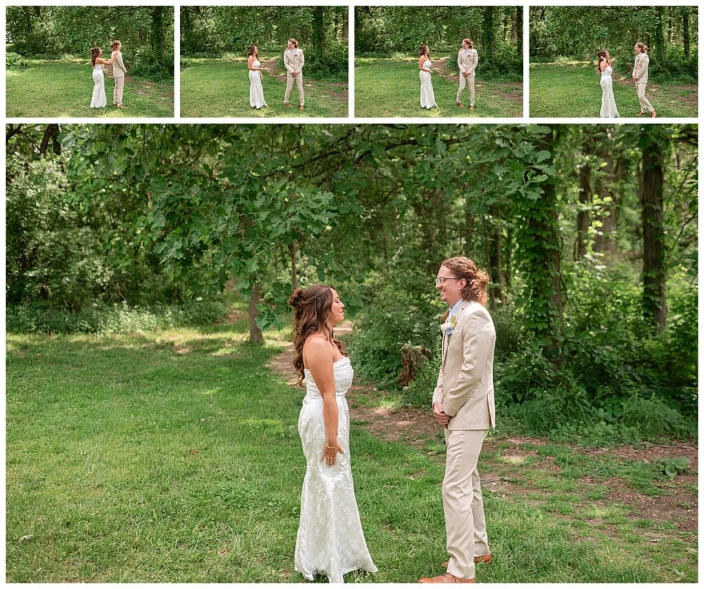 Bride and groom first look at Gabis Arboretum