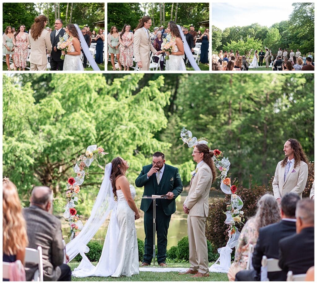 Bride and groom exchanging vows at Gabis Arboretum.