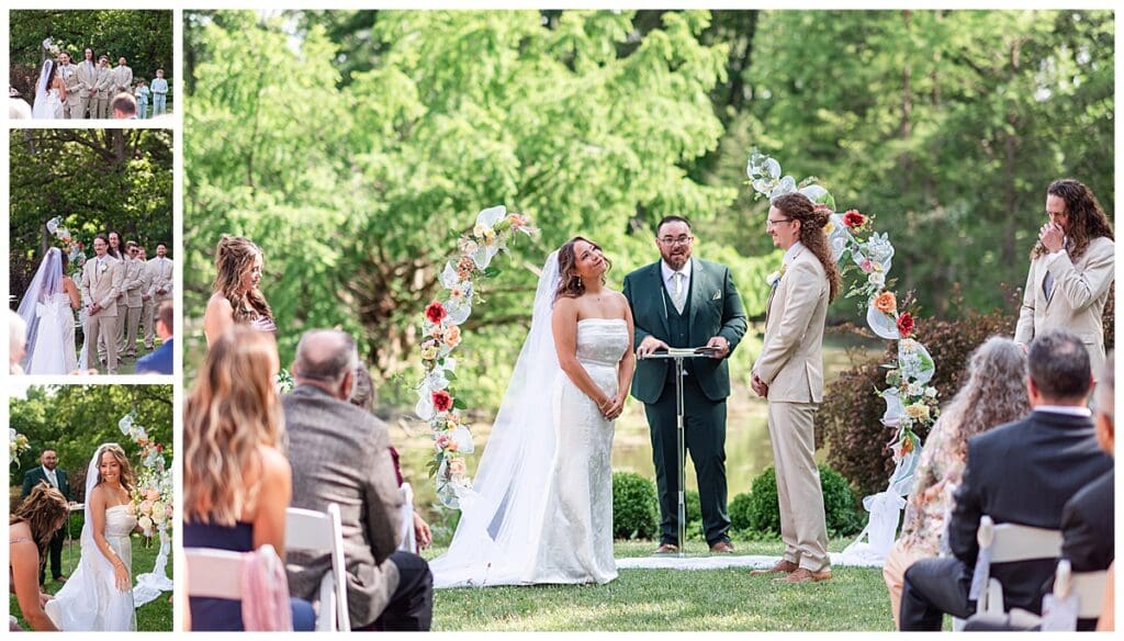 Bride and groom exchanging vows at Gabis Arboretum.