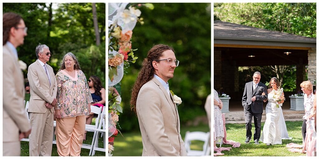 Groom watching his bride walk down the aisle at Gabis Arboretum.