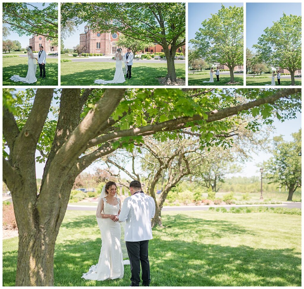 Bride and groom first look before ceremony at St. Elijah Serbian Orthodox Cathedral Merrillville