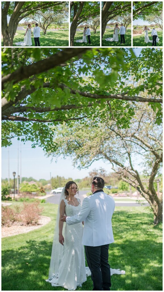Bride and groom first look before ceremony at St. Elijah Serbian Orthodox Cathedral Merrillville