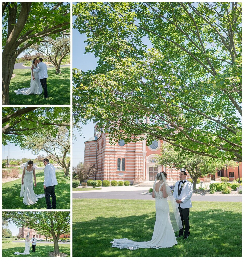 Bride and groom first look before ceremony at St. Elijah Serbian Orthodox Cathedral Merrillville